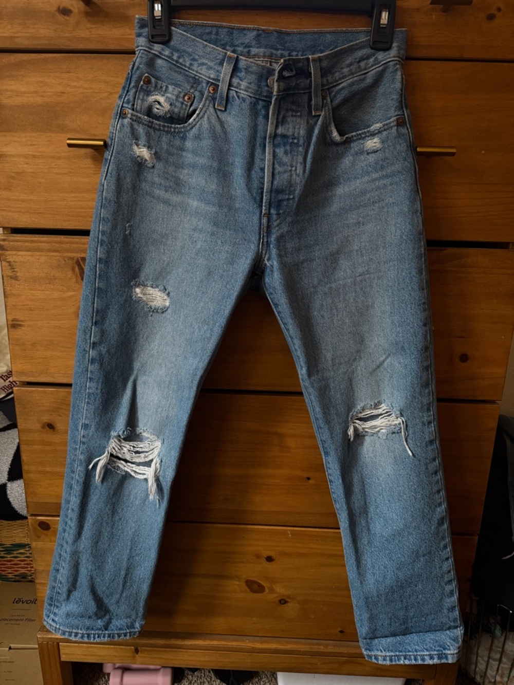 Levi's 501 Light Blue Distressed Cropped Jeans